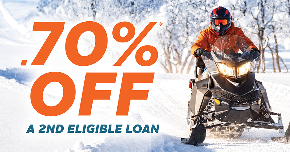 .70%* OFF a second eligible loan. man driving snowmobile