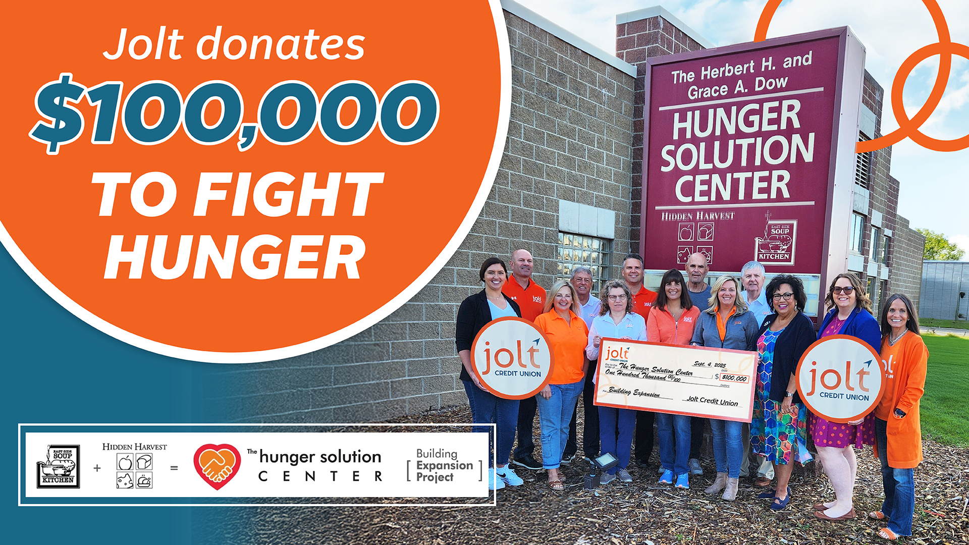 Jolt donates $100,000 to Hunger Solution Center photo, Jolt staff holding check